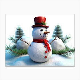 Smiling Snowman With Red Hat And Scarf On A Snowy Background Canvas Print