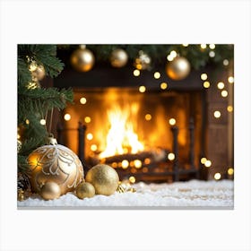 Christmas Tree In Front Of Fireplace 14 Canvas Print