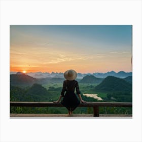 Evening View Of An Asian Woman Perched Solo On A Wooden Terrace Decked In A Summer Hat Her Black At (3) Canvas Print