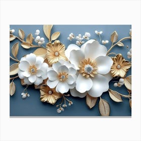 3d Artwork Illustration White and Blue Background with Golden Jewelry and Flowers 1 Canvas Print