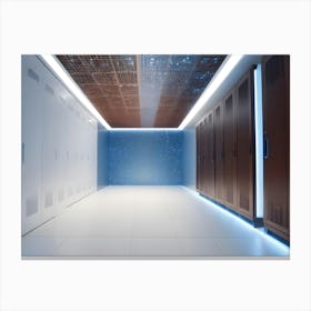 A Server Room With White And Brown Cabinets, A Blue Lit Ceiling, And A Wall Featuring A Starry Night Sky Image Canvas Print