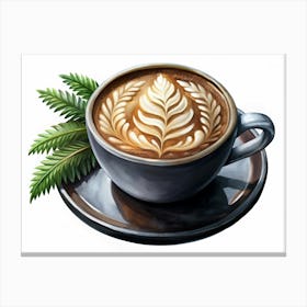 Latte Art In A Cup With Green Leaves Canvas Print