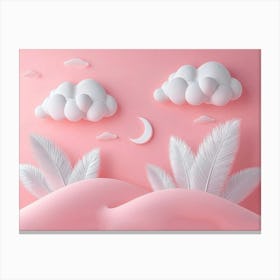 Dreamy 3d Art with Soft Pastel Pink Background Silver Feathers Serene Clouds and Unique Hills Stampe su tela