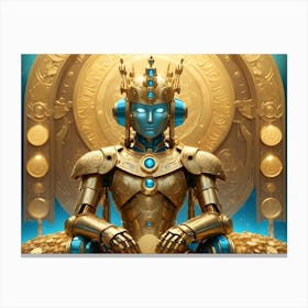 A Golden Robot Wearing A Crown Sits On A Throne Made Of Gold Coins, Symbolizing Power, Wealth, And Technology Canvas Print