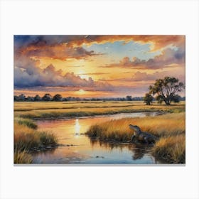 Wild Majesty: Africa's Open Fields Alligators At Sunset Canvas Print