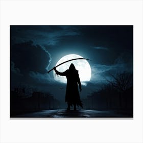 Silhouette Of A Sinister Reaper Scythe Raised Standing Against A Backdrop Of A Full Moon On Hallow (3) Canvas Print