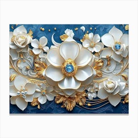 An Intricate 3d Artwork Illustration With A White And Blue Backdrop, Embellished With Gold Jewelry 2 Canvas Print