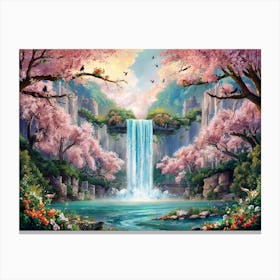 Majestic Waterfall Cherry Blossom Forest Painting #18 Canvas Print