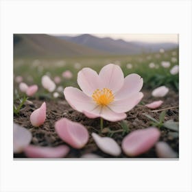 A Pink Flower With Yellow Center Lies On The Ground With Pink Petals Around It Canvas Print