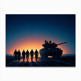 Silhouettes Of Soldiers Walking Towards The Sunrise With A Tank In The Background Canvas Print