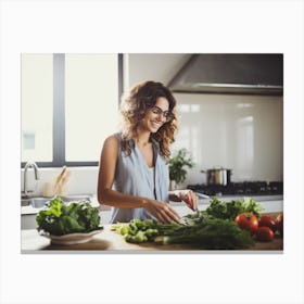 Healthy Woman Preparing Vegetables In Kitchen Canvas Print