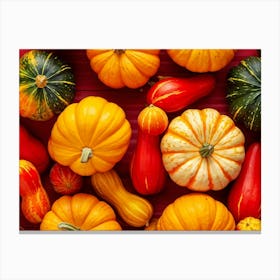 A Digitally Rendered Closeup Of An October Harvest Bursting With Multicolored Autumnal Squash Inclu (1) Canvas Print