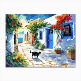 Santorini, Greece   Cat In Street Art Watercolour Painting 3 Canvas Print