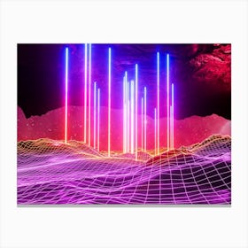 Neon space landscape: Rays [synthwave/vaporwave/cyberpunk] — aesthetic retrowave neon poster Canvas Print