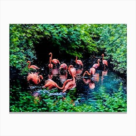 Flamingos in a Tranquil Lagoon. A serene scene of vibrant pink flamingos wading and interacting in a lush, green lagoon surrounded by dense foliage. The water reflects their elegant forms, creating a harmonious connection between nature and wildlife. 3 Canvas Print