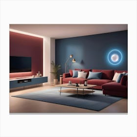 A Modern Living Room Interior With A Red Sofa, A Wooden Coffee Table, A Floor Lamp, And A Blue Wall With A Glowing, Circular Neon Light Canvas Print