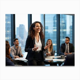 Businesswoman In Mid Presentation Audience Engaged In Active Listening Around Her Vibrant Smiles A (2) 2 Canvas Print