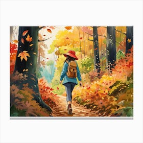 Watercolor Fall Hike in Forest Landscape Canvas Print