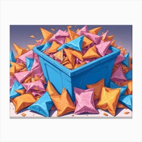 A Blue Container Overflowing With Bags Of Chips In Shades Of Orange And Pink, Creating A Colorful And Chaotic Scene Canvas Print