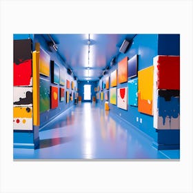 Blue Hallway With Colorful Paintings Canvas Print