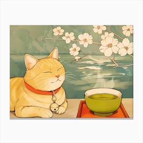 Yellow Cat, Green Tea And Sakura Canvas Print