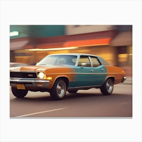 A Vintage Car Driving Down A City Street With Blurred Background And Warm Lighting Canvas Print