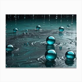 Teal Colored Water Droplets, Some Encased In Reflective Spheres, Create Ripples And Splashes On A Dark Surface Canvas Print