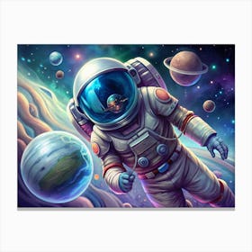 An Astronaut Floating Through Space, With A Reflection Of Earth And A City In Their Visor, Surrounded By Planets And Stars Canvas Print