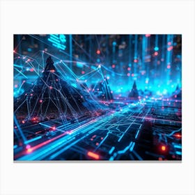 Digital Network Future Forward Wireframe Design Nodes And Links Glowing In Neon Cyberspace Transm (4) Canvas Print
