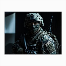 A Fearless Male Soldier Clad In Full Bodied Camouflage Uniform Embodying The Spirit Of Patriotism (3) Canvas Print