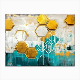 A Rich Oil Abstract Golden Hexagons, White Lattice and Splashes Canvas Print