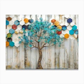 Lattice Overlay on Oak Showcasing a Turquoise Tree Against a Backdrop of Colorful Hexagons Canvas Print