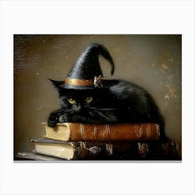 Witch Cat On Books Canvas Print