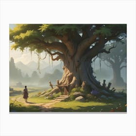 A Girl Standing Before A Giant, Ancient Tree, In A Mystical Landscape With Fog, Flowers And Stone Figures Canvas Print