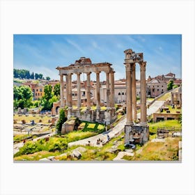 Ancient Roman Ruins. The image depicts the ruins of ancient Roman structures, characterized by tall, weathered columns standing in a grassy archaeological site. The background includes modern buildings and lush vegetation, creating a striking contrast between ancient and contemporary elements. 1 Canvas Print