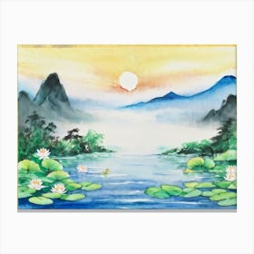 Japan Inspired Tranquil Scene Watercolor Painting Leaf Draped Lake Foreground With Water Lilies An (1) Canvas Print