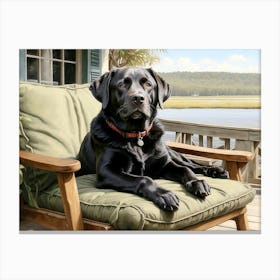 An Old Back Lab Lounges Comfortably in a chair on the Porch of a River Dock House, Enjoying the Serene View of the Marshlands Canvas Print