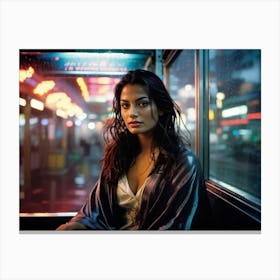 Evening Street Photography Captures A Beautiful Woman Seated In A Bus Shelter Her Expression Pensiv Canvas Print