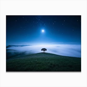 Cinematic Photograph Capturing A Solitary Tree Perched Atop A Plateau In The Center Of A Meadow Und Canvas Print