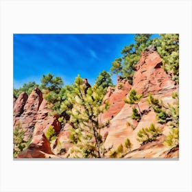 Ochres Land Majestic Cliffside Forest. This image showcases a stunning cliffside landscape adorned with lush green trees. The rocky formations exhibit a range of warm hues, from sandy yellows to deep reds, creating a striking contrast against the vibrant blue sky. The scene captures the beauty of nature's rugged terrain and the resilience of trees growing on steep, rocky surfaces. 4 Canvas Print