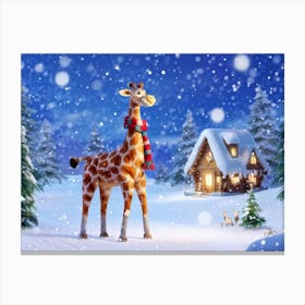 Giraffe Adorned With A Festive Scarf Trotting Joyously Through A Snow Covered Wonderland Flurries Canvas Print