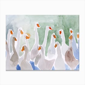 Flock Of Geese Watercolor painting farm farmcore birds grey gray blue green orange happy goose Canvas Print