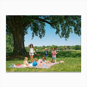 Family Of Four Enjoying A Day At The Park Scattered Picnic Items Children In Mid Laughter Chasing (5) Lienzo