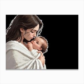 A Mother Cradling Her Sleeping Baby In Her Arms, Isolated On A Black Background 1 Canvas Print