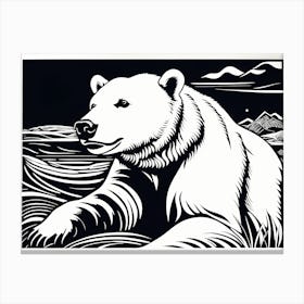 Playful Polar Bear Linocut Black And White art, animal art, 148 Canvas Print