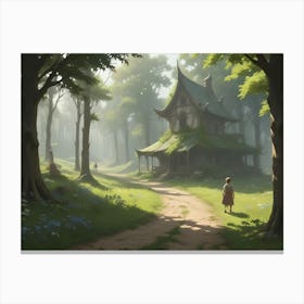 A Young Girl Stands On A Path Leading To A Mysterious, Overgrown House In A Forest Canvas Print