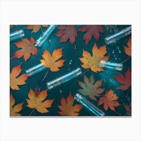 Autumn Leaves And Cosmetic Tubes On A Blue Background Canvas Print