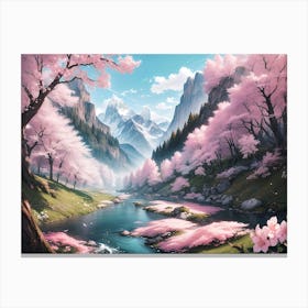 Cherry Blossom with Mountain River and Alps view - Oil Painting #2 Canvas Print