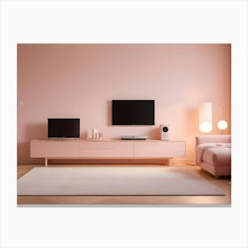 A Minimalist Living Room With Pink Walls, A Pink Sofa, A Pink Entertainment Center, And A White Rug Canvas Print