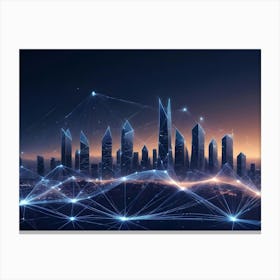 Abstract Image Of A Futuristic City Skyline, Outlined With Glowing Blue Lines And Nodes, Connecting The Buildings And Creating A Network Symbolizing Technological Advancement And Global Connection Canvas Print